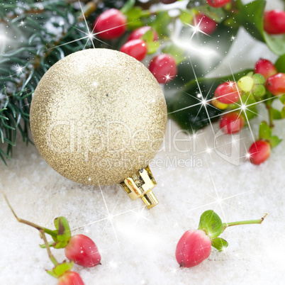 goldene Weihnachtskugel und Tanne / golden christmas ball and fi