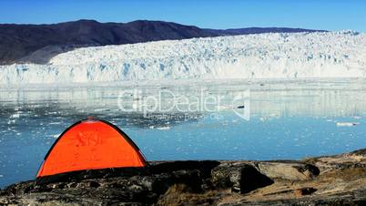 Lone Hiker & Tent by Arctic Glacier