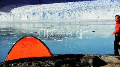 Lone Hiker & Tent by Arctic Glacier