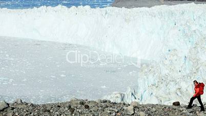 Lone Female Hiking in a Barren Frozen Landscape