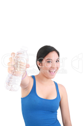 woman in sportswear drinking water, isolated on white