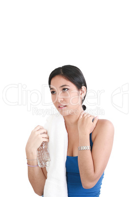 young woman with a bottle of water, isolated on white