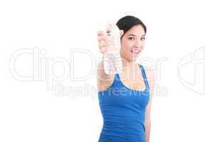 smiling young woman with water, isolated over white background