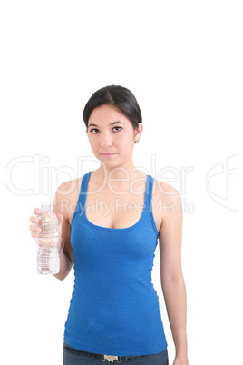 portrait of woman in fitness attire holding water bottle and smi