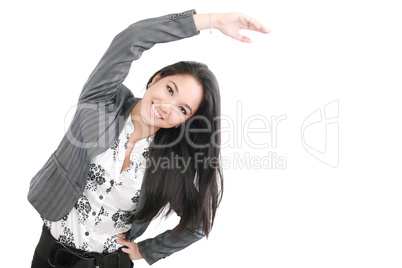 business woman portrait stretching isolated over a white backgro