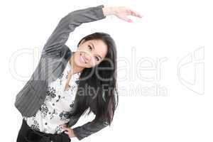 business woman portrait stretching isolated over a white backgro