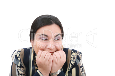 Head shot of worried woman over white background