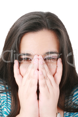 Young businesswoman covering her mouth with hands