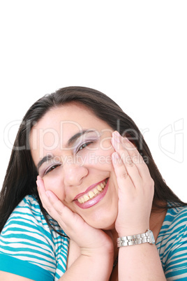 happy young woman smiling, isolated over white background