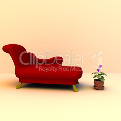Rotes Sofa mit Löwenfüssen und Blumentopf