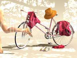 Fahrrad mit Kleidungsstücken und weglaufende Person