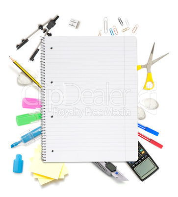 Notepad with lots of office objects