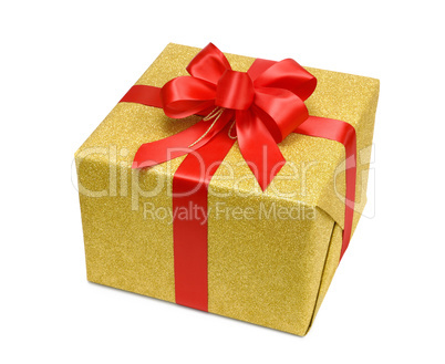 Goldene Geschenkpackung mit roter Schleife