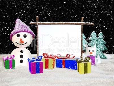 Schneemann und Schneekatze mit Geschenken