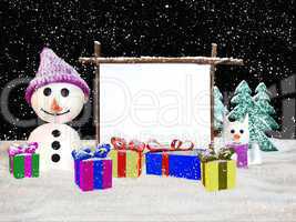 Schneemann und Schneekatze mit Geschenken