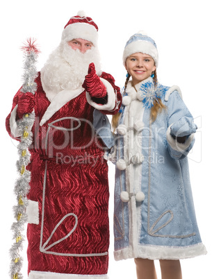 Santa Claus and snow maiden giving thumbs-up sign