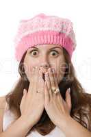 surprised woman in pink hat