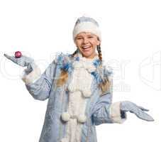 Smiling snow maiden with christmas-tree decoration