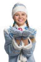 Smiling snow maiden showing christmas-tree decoration