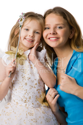 mother and daughter in festive dresses