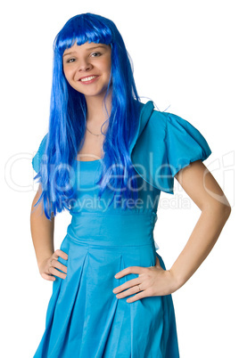 Girl with long blue hair isolated on white