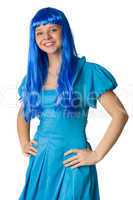 Girl with long blue hair isolated on white