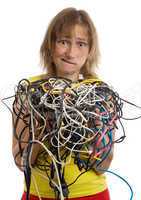 crazy woman with tangle of cables