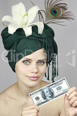 Smile of the girl with money