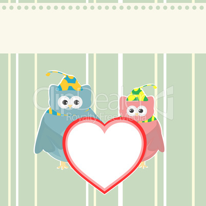 cute owl holding red love heart card background vector