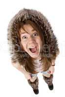 very surprised woman in fur hat