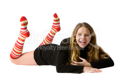 smiling girl lies on the floor
