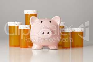 Piggy Bank In Front of Several Medicine Bottles
