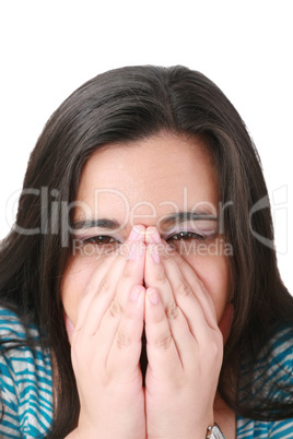 Depressed, sad woman on white background