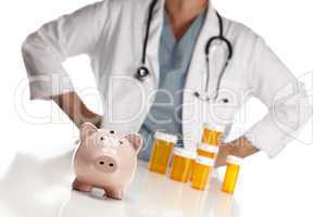 Doctor Standing Behind Medicine Bottles and Piggy Bank