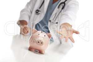 Demanding Doctor Reaches Palm Out Behind Piggy Bank