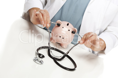 Doctor Holds Stethoscope to Ears of Pink Piggy Bank