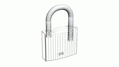 Rotation of 3D lock.security,padlock,safety,metal,safe,protection,steel,key,Grid,mesh,sketch,structure,