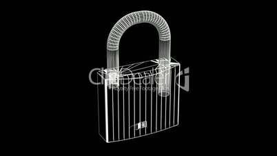 Rotation of 3D lock.security,padlock,safety,metal,safe,protection,steel,key,Grid,mesh,sketch,structure,