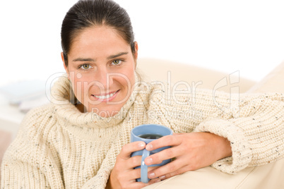 Winter portrait happy woman hold coffee cup