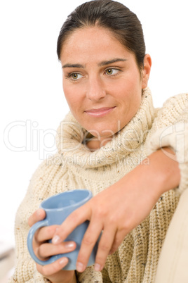Winter portrait happy woman hold coffee cup