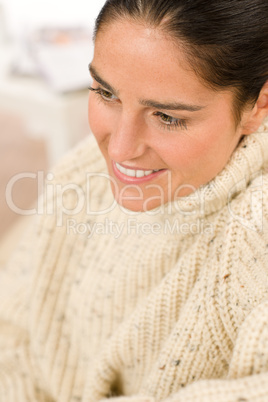 Winter portrait of happy woman wear pullover