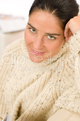 Winter portrait of happy woman wear pullover