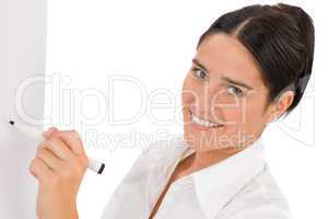 Happy businesswoman writing at empty flip chart