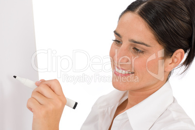 Happy businesswoman writing at empty flip chart