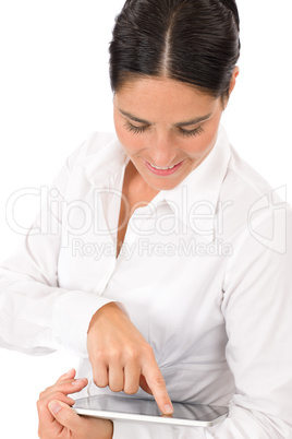 Businesswoman pretty hold touch tablet computer