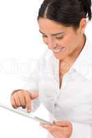 Businesswoman pretty hold touch tablet computer