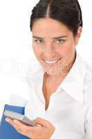 Smiling businesswoman attractive hold phone