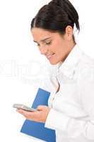 Smiling businesswoman attractive hold phone