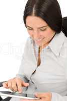 Businesswoman pretty hold touch tablet computer
