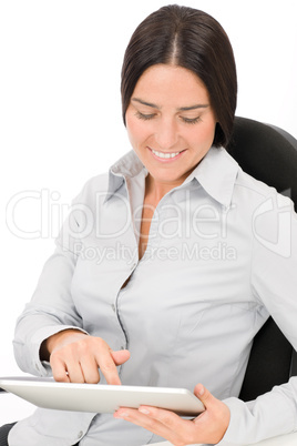 Businesswoman pretty hold touch tablet computer